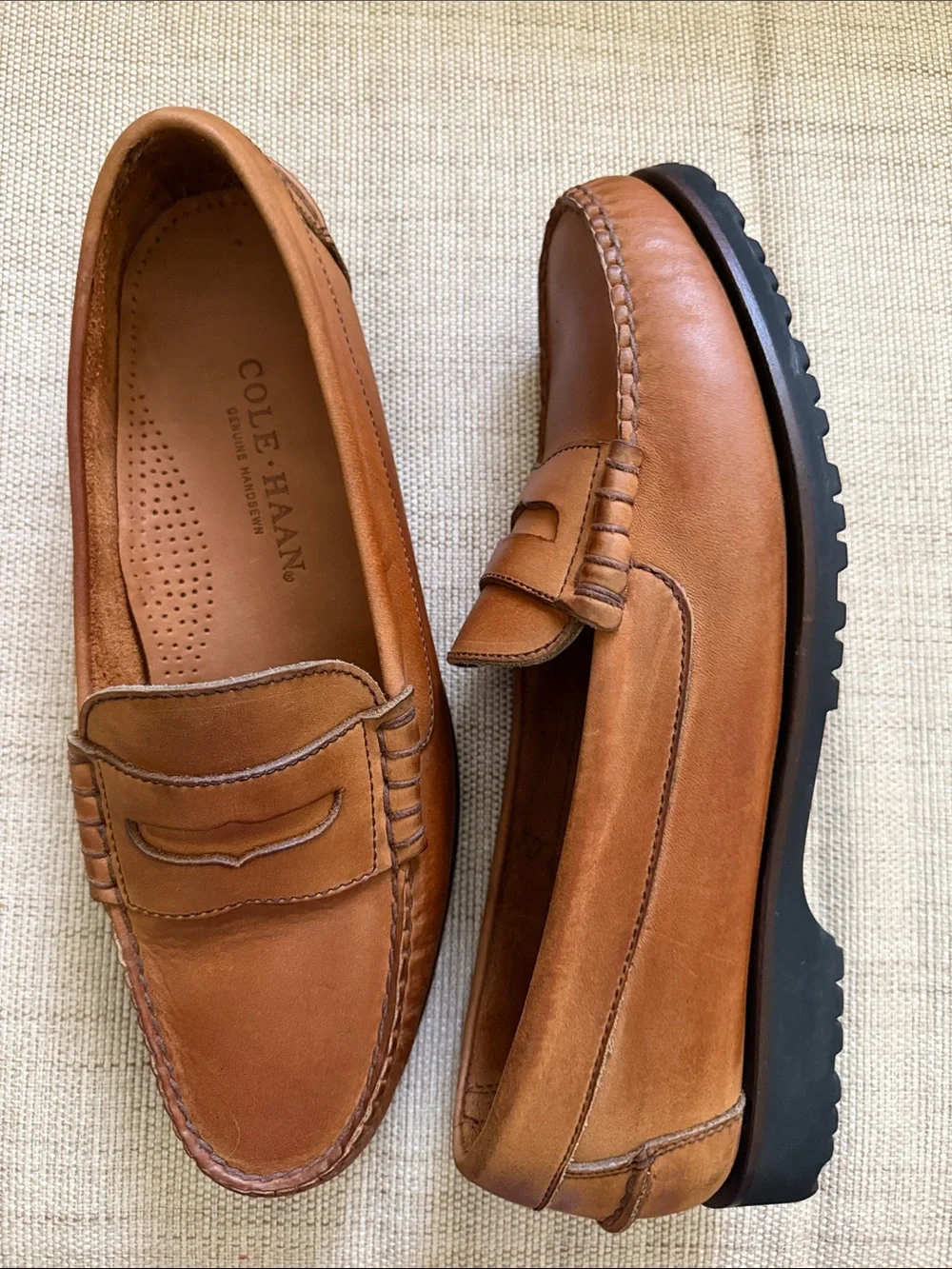 Cole Haan Handsewn Men’s Leather Penny Loafers Cognac Brown Driving Moc Shoes